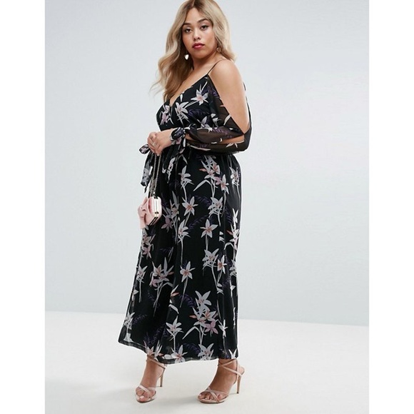 ASOS CURVE Floral Cold Shoulder Tie Sleeve Jumpsuit. - Picture 1 of 11